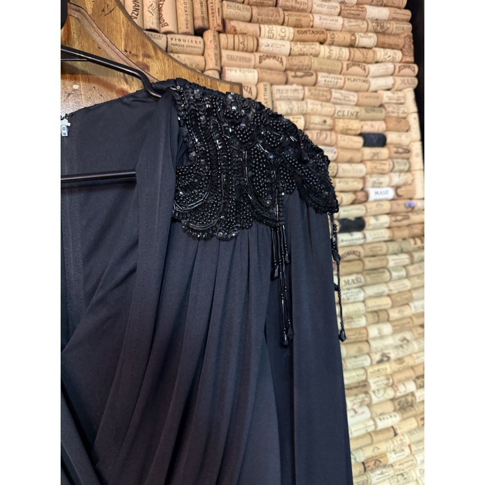 Vintage 80s Miss Elliette California black sequin Shoulder VNeck Evening Gown 12 - Picture 4 of 10